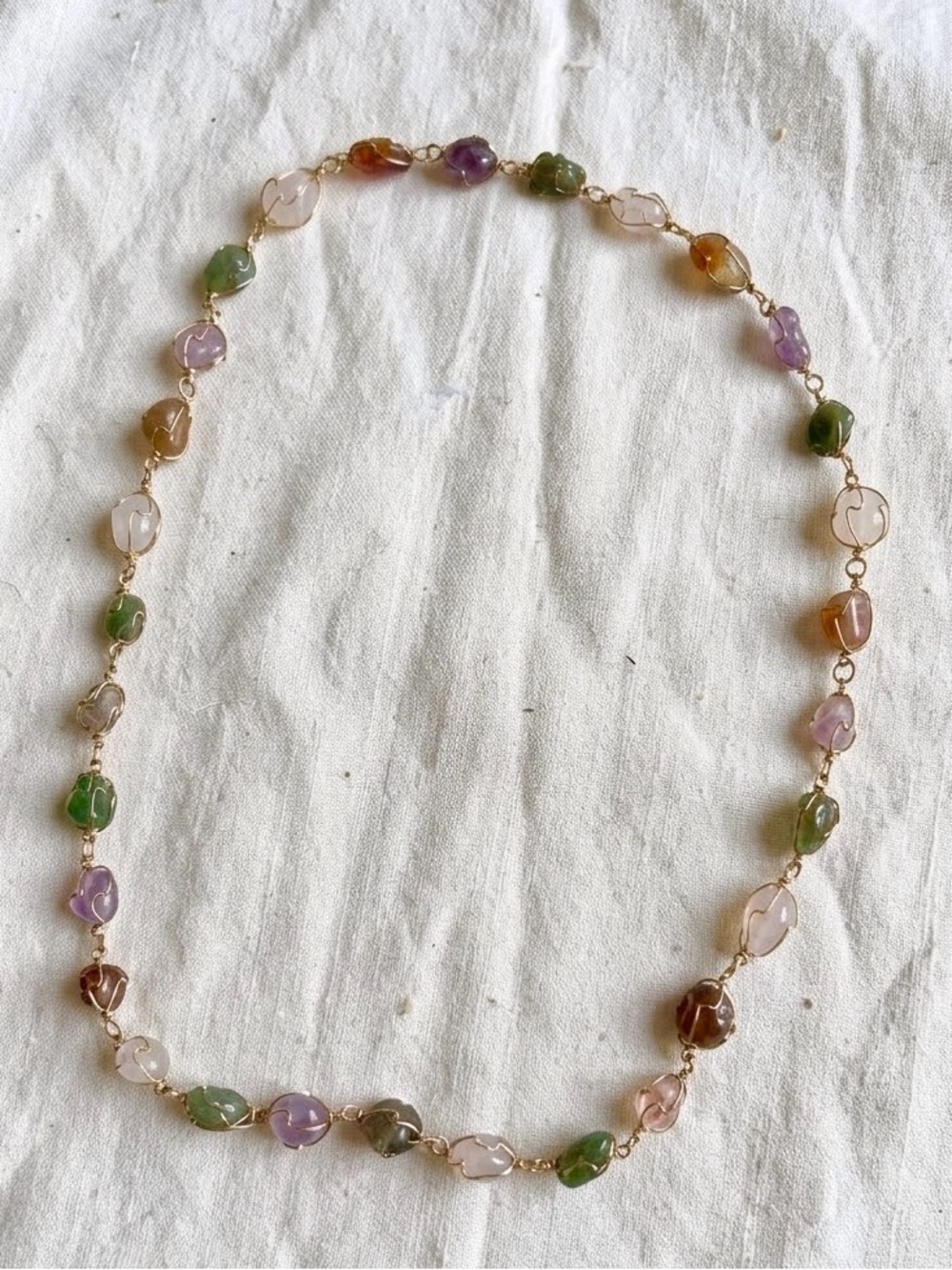 Vintage Multi-Gemstone Wire Wrapped Cage Link Necklace 26” | Natural Stones